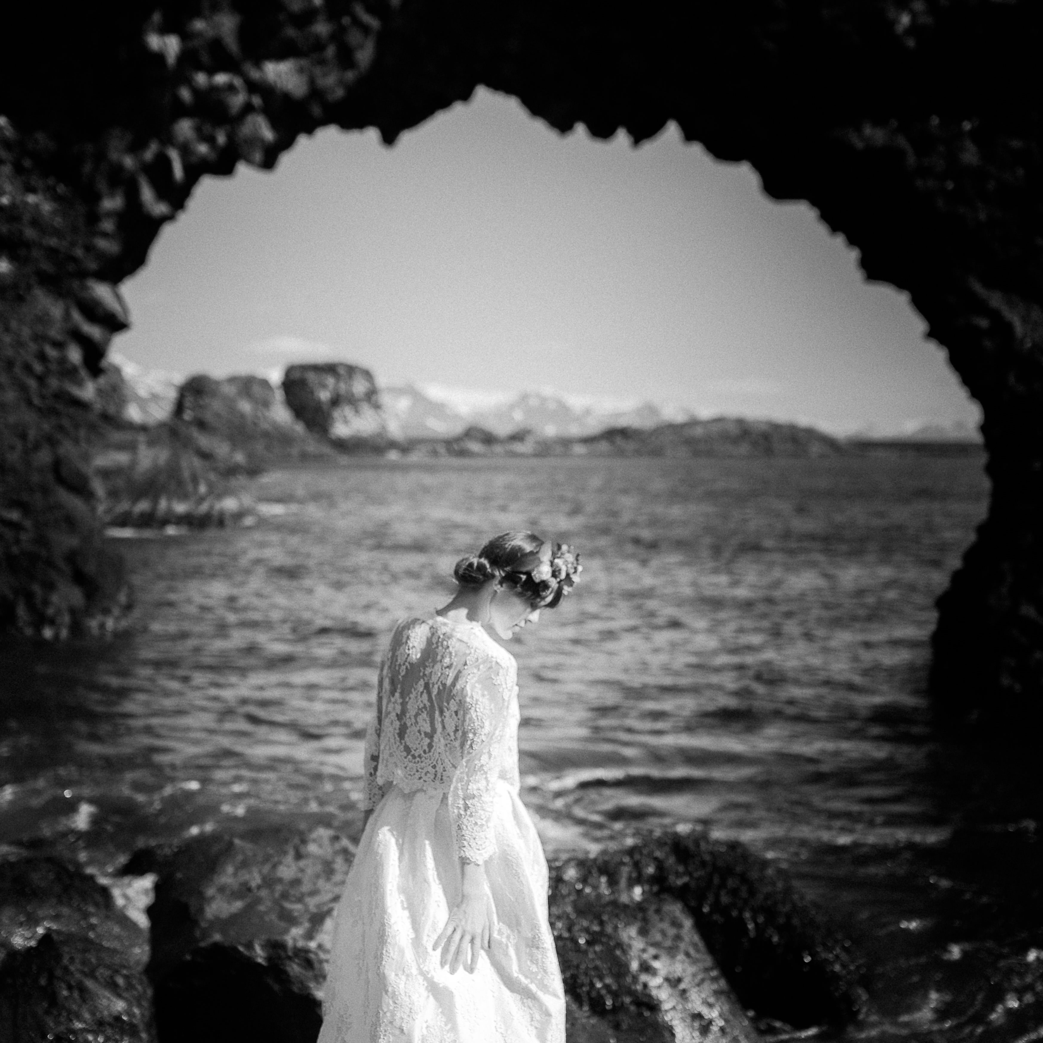 Céline wearing her wildflower crown during their Iceland elopement with Snæfellsjökull glacier backdrop