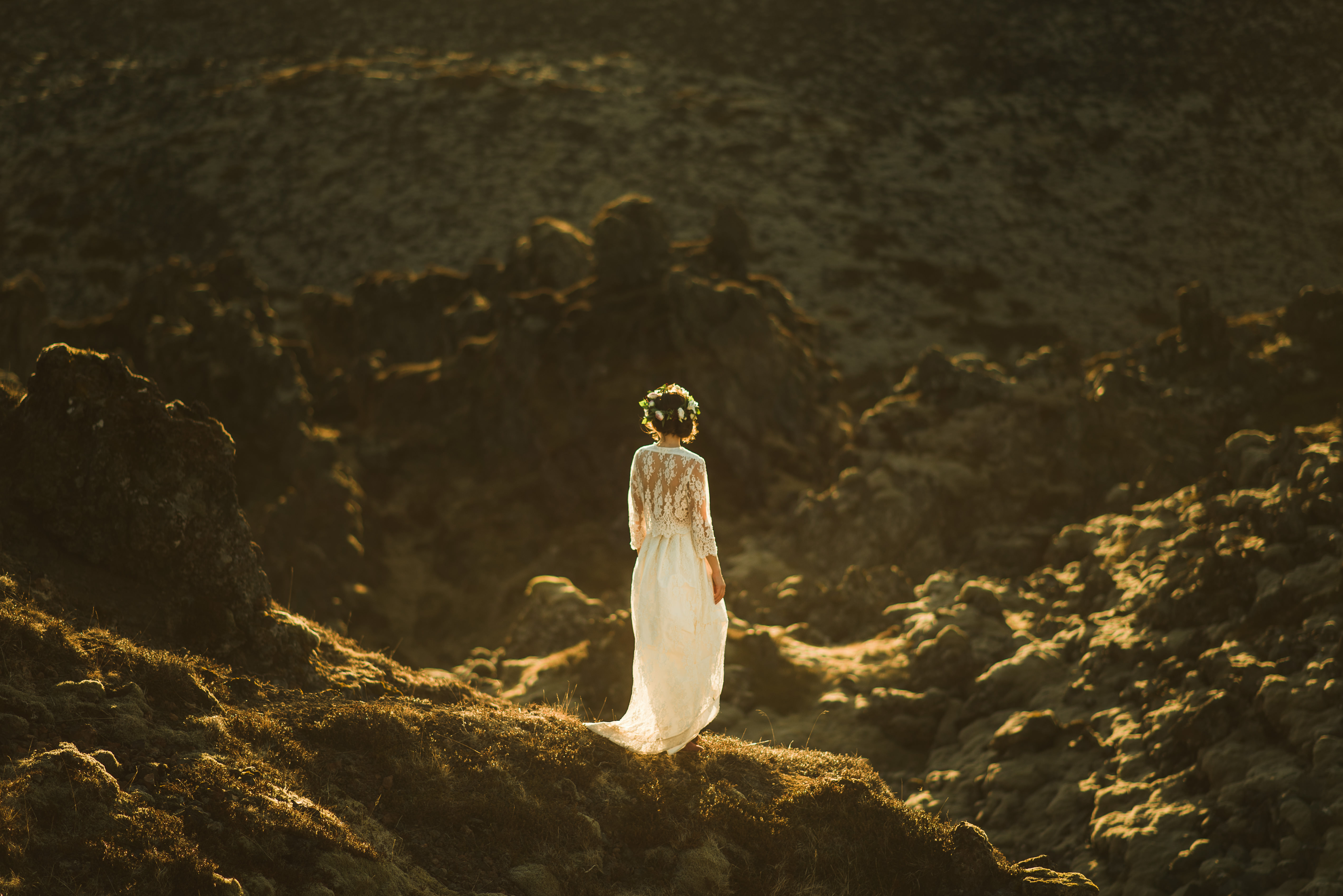 Golden hour elopement portraits on the Snæfellsnes Peninsula Iceland among Icelandic lava fields