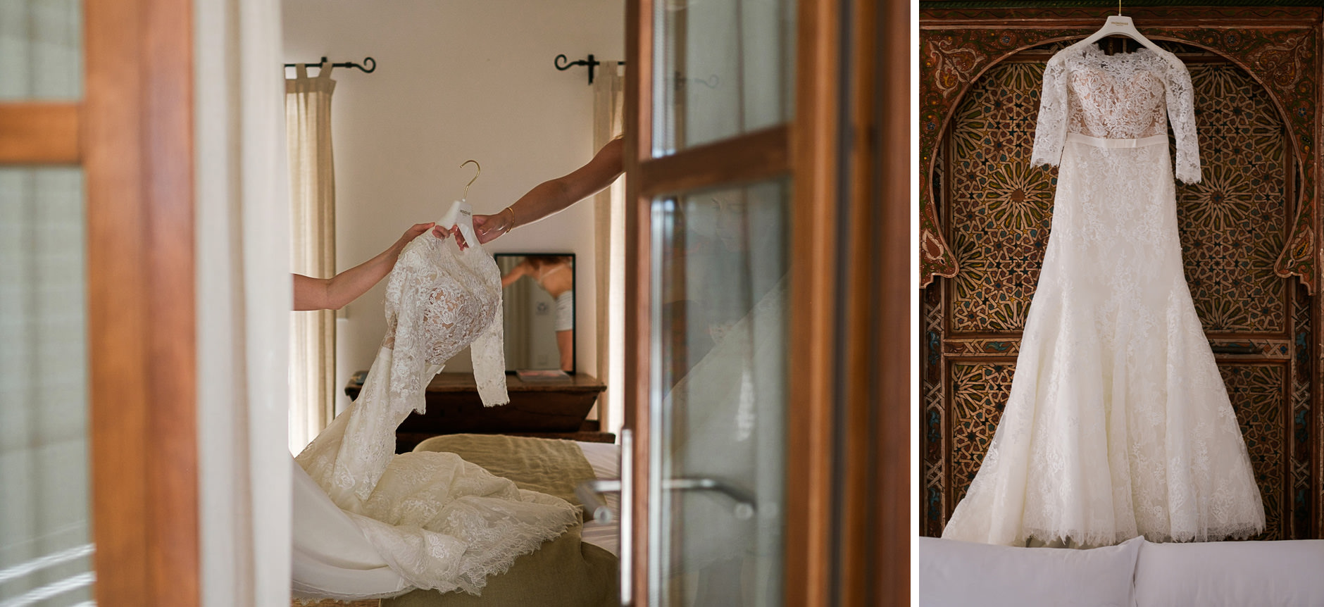 The bride's dress hanging at a Mallorca finca before the wedding