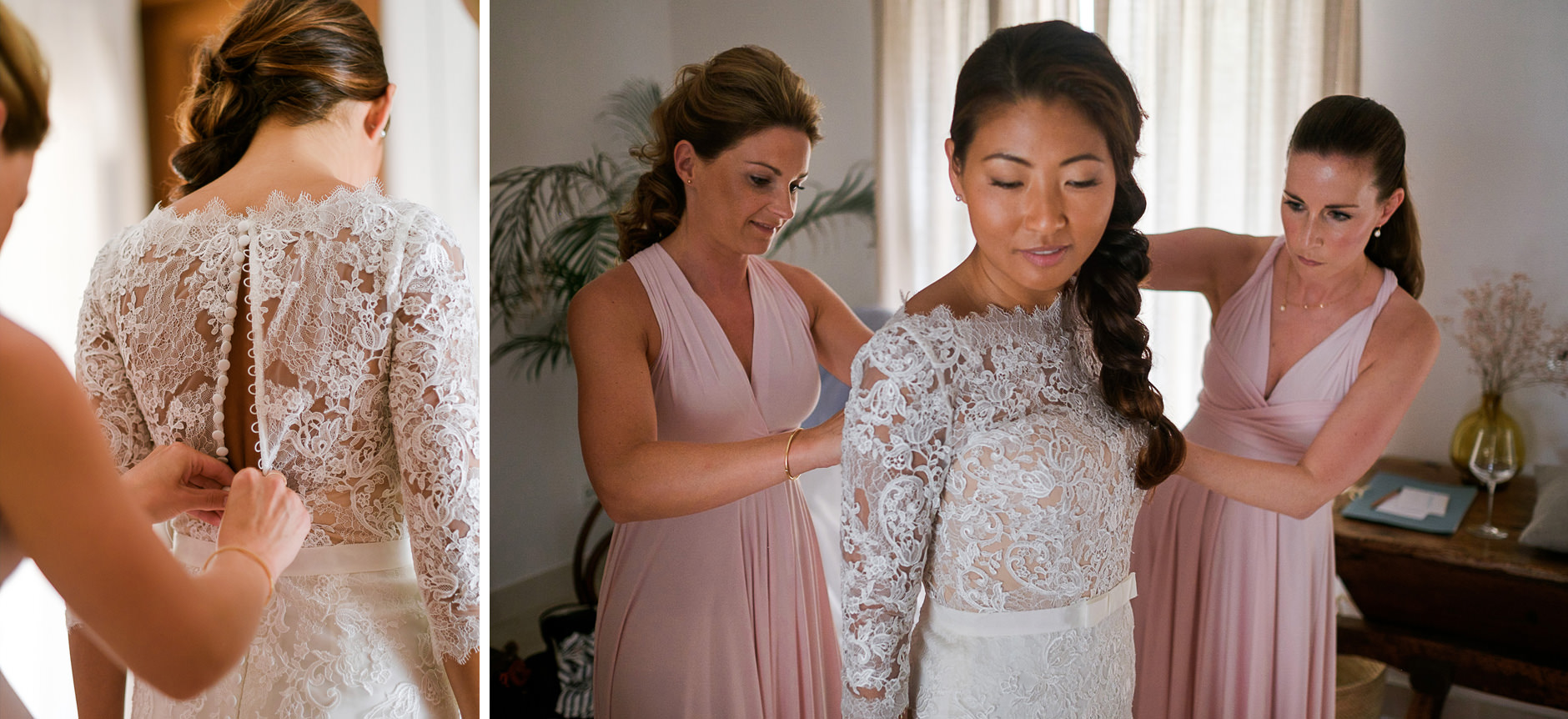 Bride with her bridesmaids getting ready, Mallorca finca wedding