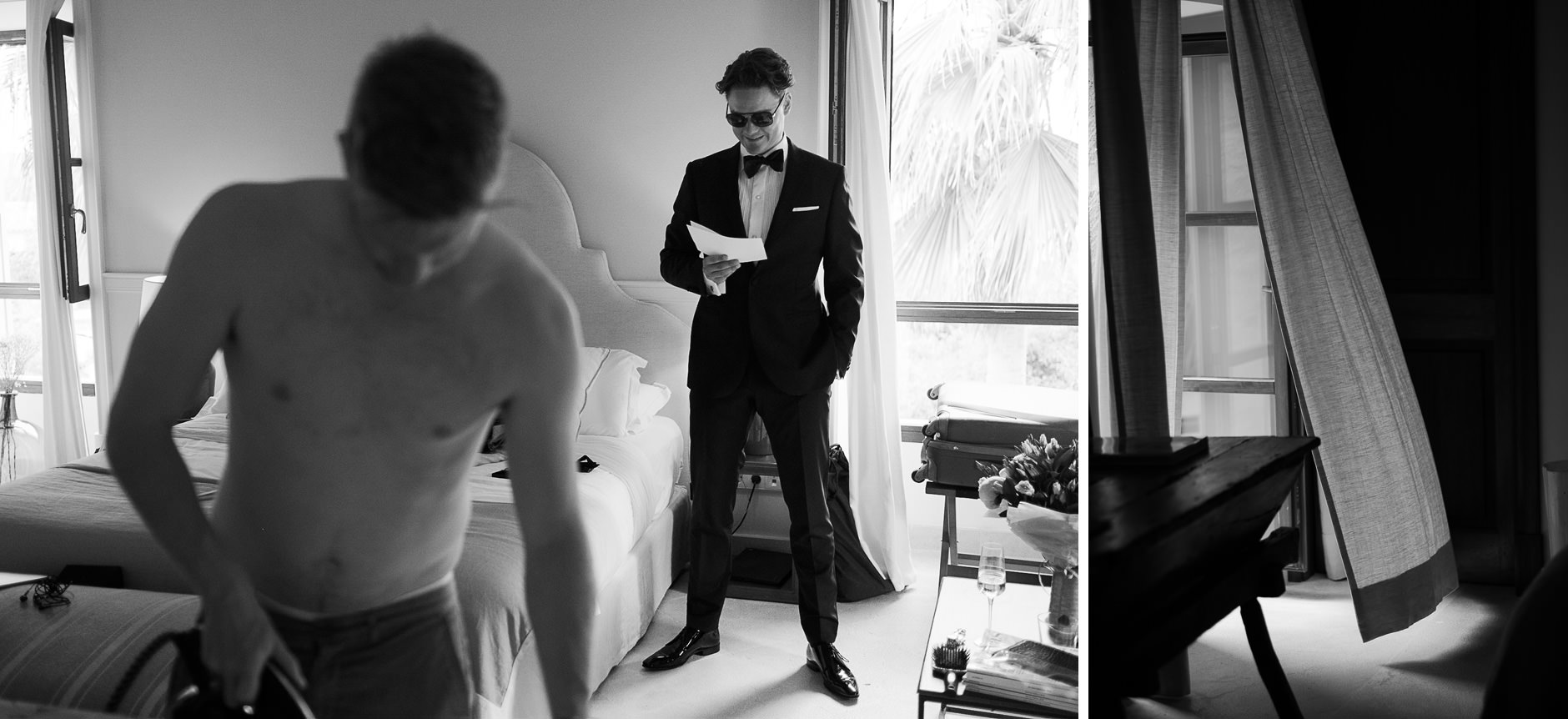 The groom getting into his suit before a Mallorca wedding