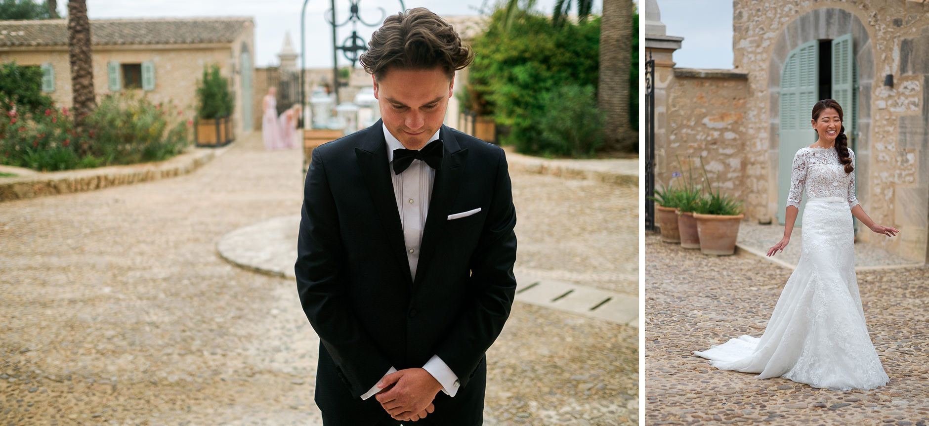 First look between bride and groom at a Mallorca finca wedding