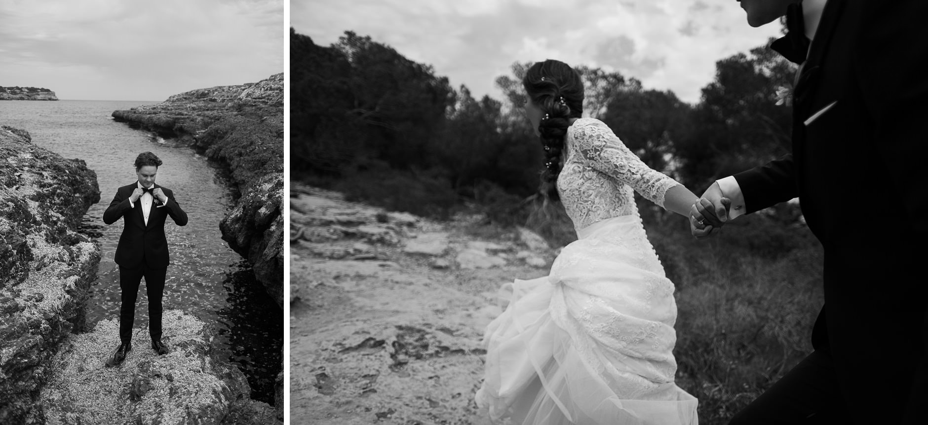 Bride and groom on the Mallorca coast, black and white