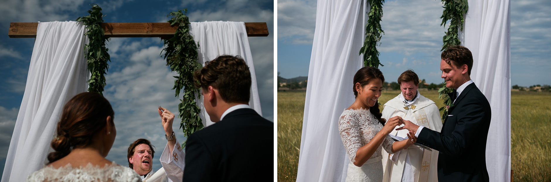 Bride and groom exchanging vows under the arch, Mallorca wedding