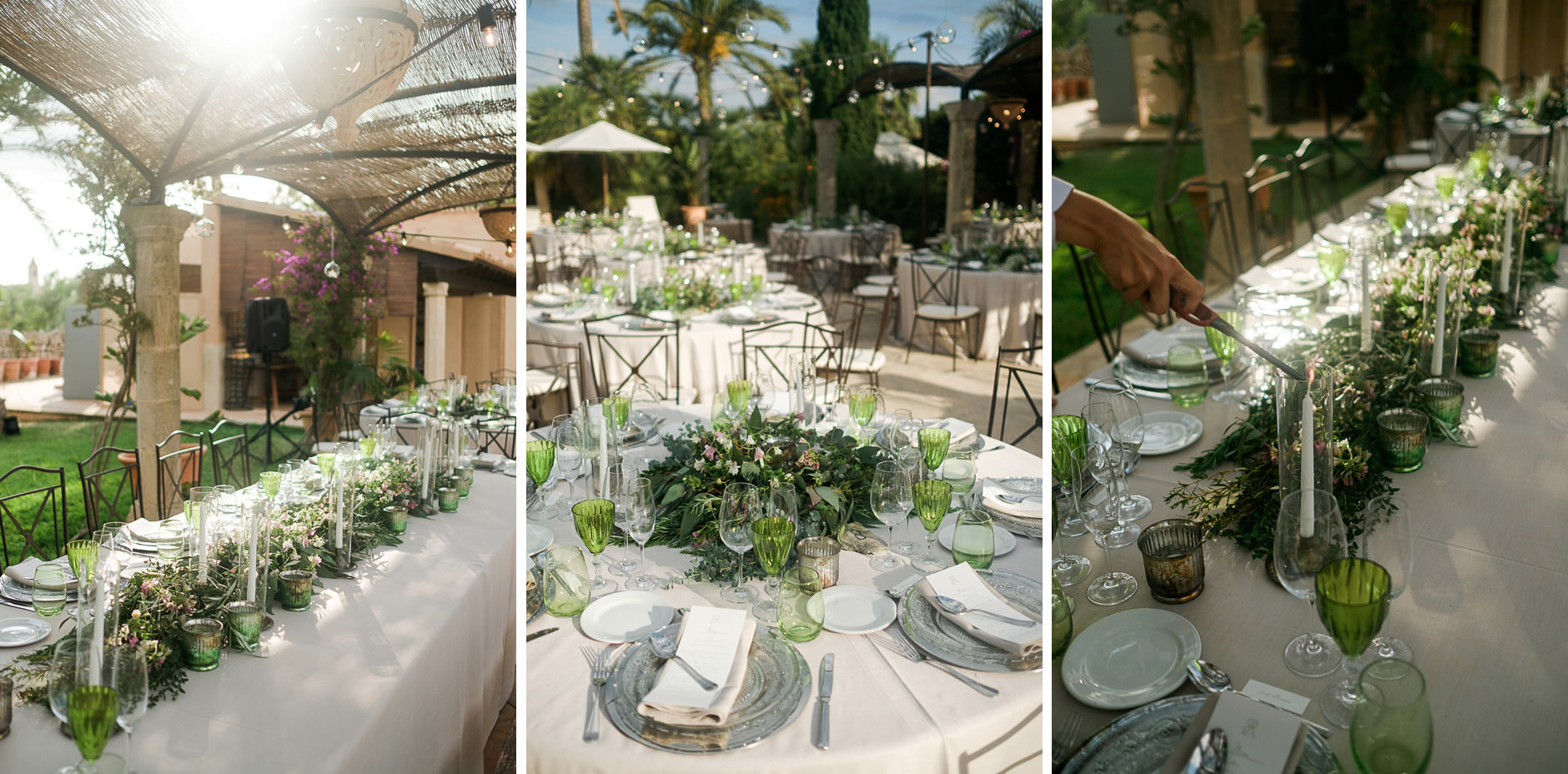 The reception table set under greenery at a Mallorca finca