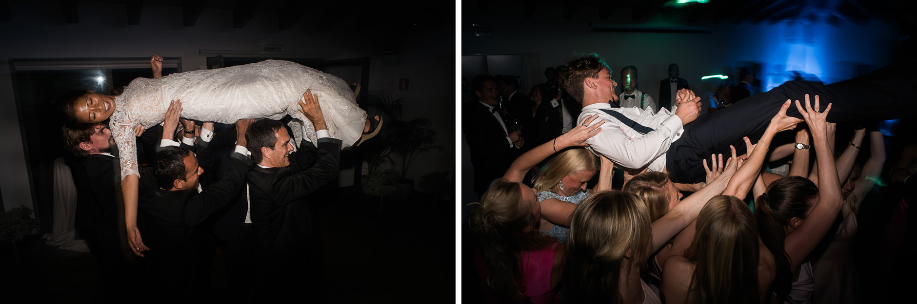 The groom lifted by the crowd at a Mallorca wedding party