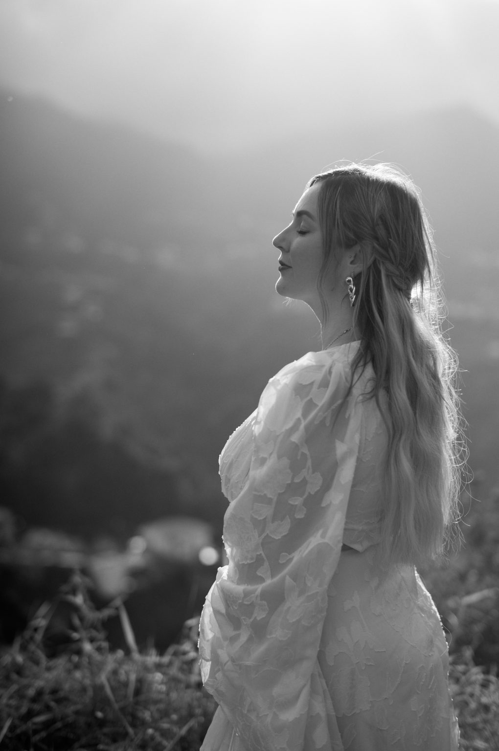 Bride with veil in the wind, black and white, Ponta de Sao Lourenco, Madeira