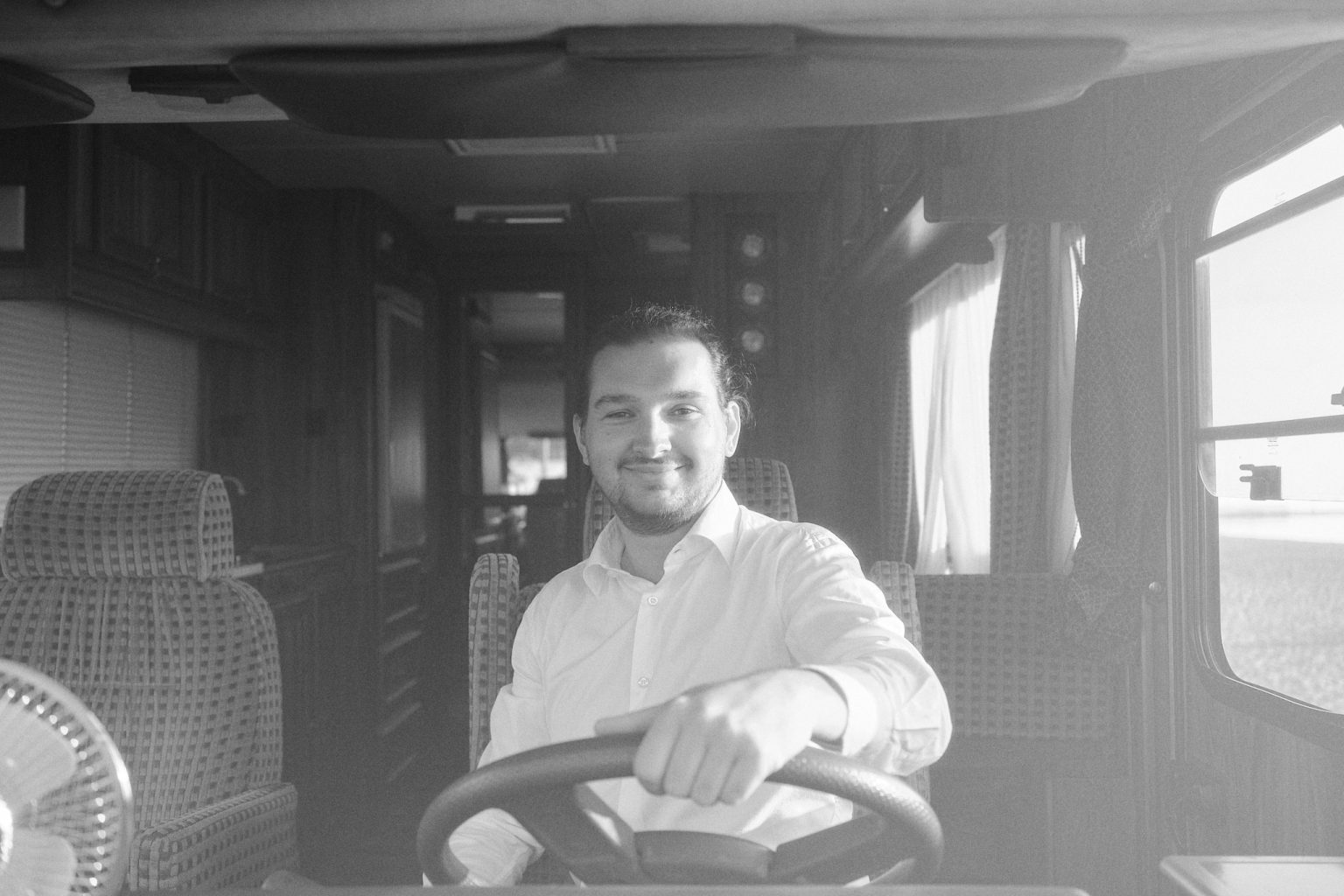 Jan at the wheel of the caravan his mother bought before he was born