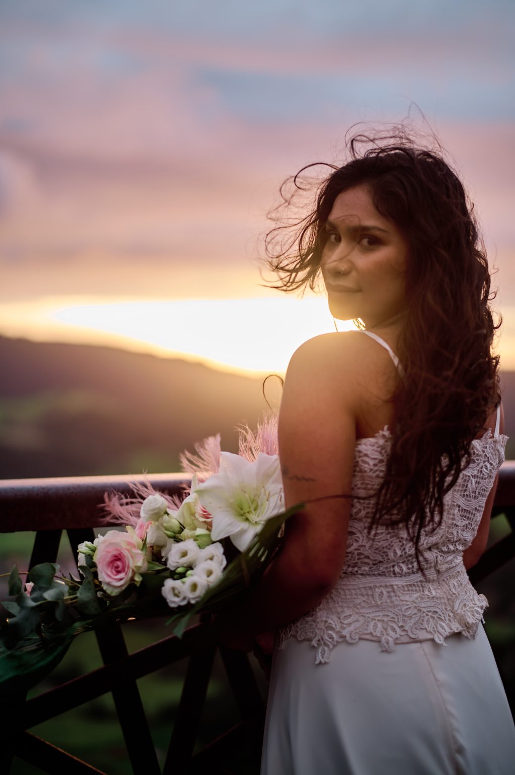 Bride portrait at sunrise above Furnas, São Miguel, Azores