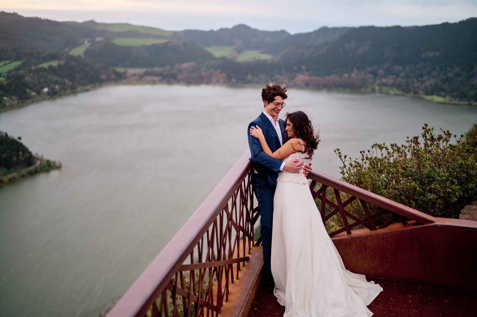 Couple above a crater lake in the morning, São Miguel, Azores