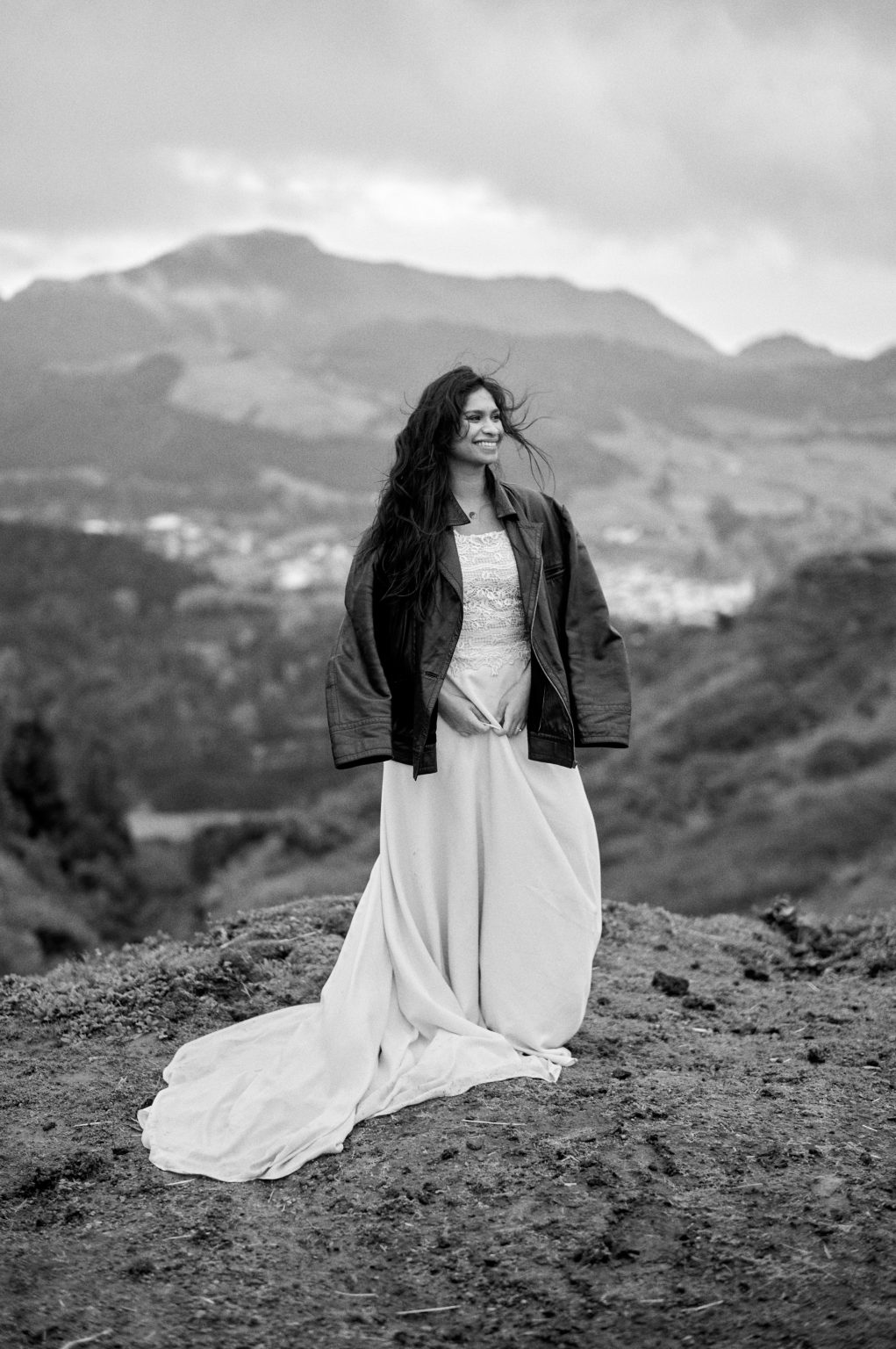 Bride in the wind above the hills in black and white, São Miguel, Azores