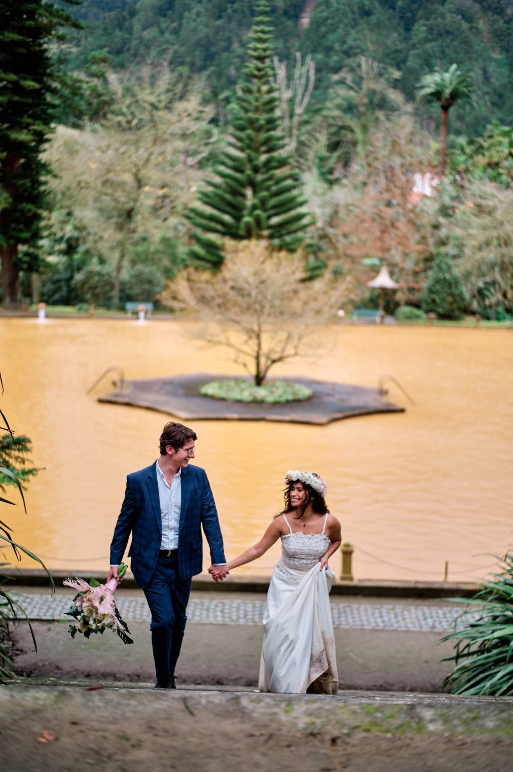 Couple by the pond at Parque Terra Nostra, São Miguel, Azores