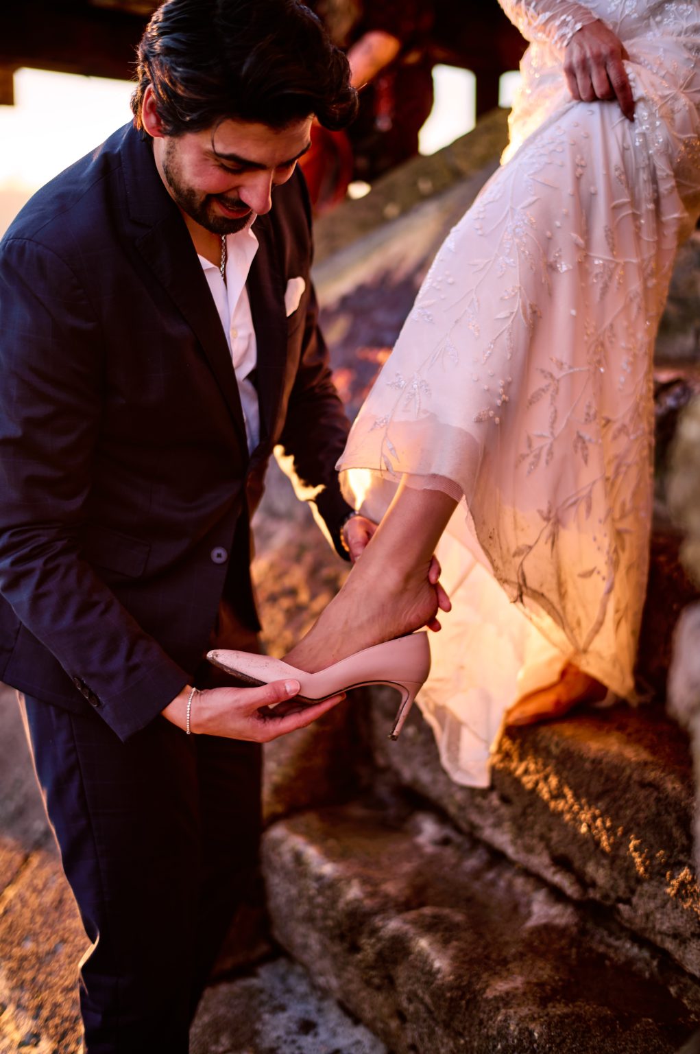 Wedding shoes in golden morning light during a Lisbon elopement session