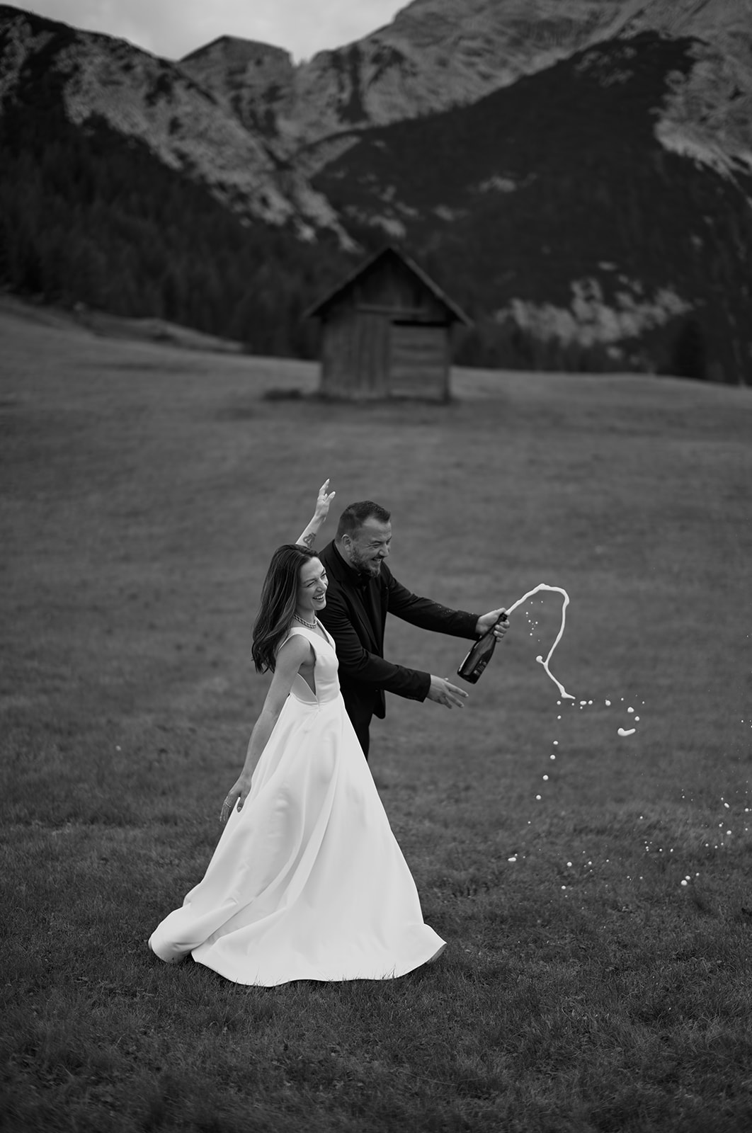 Champagne celebration at Prato Piazza, Dolomites wedding