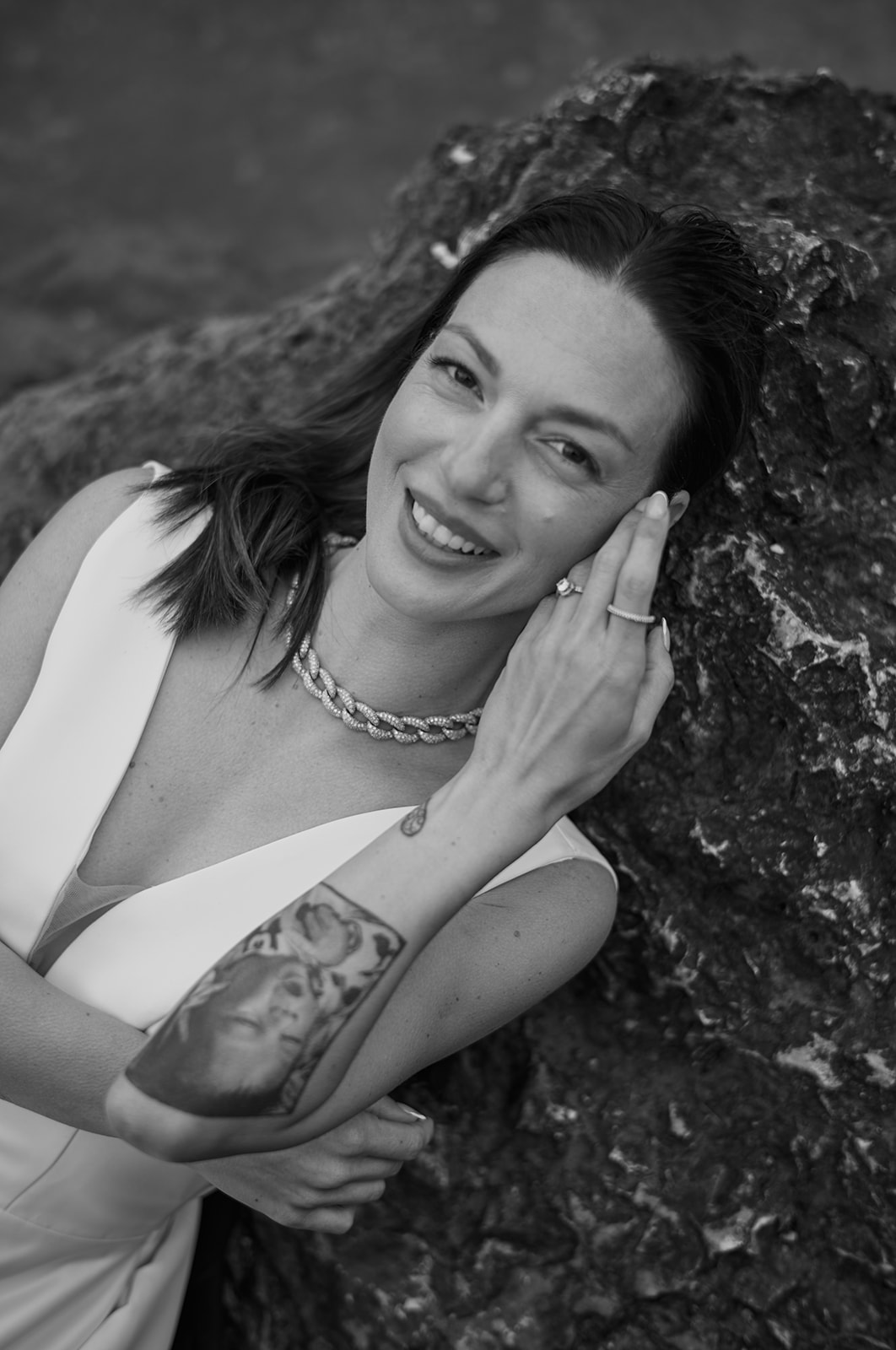 Black and white bridal portrait at Lago di Braies, Dolomites
