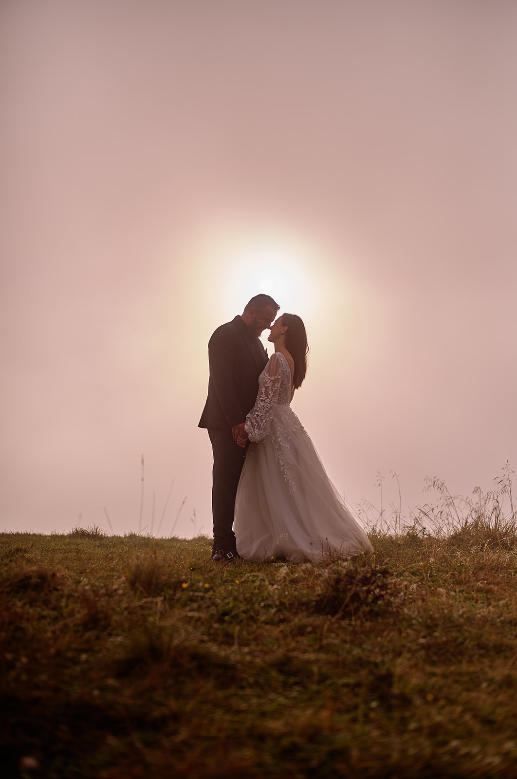 Couple at Passo Giau at first light, Dolomites wedding