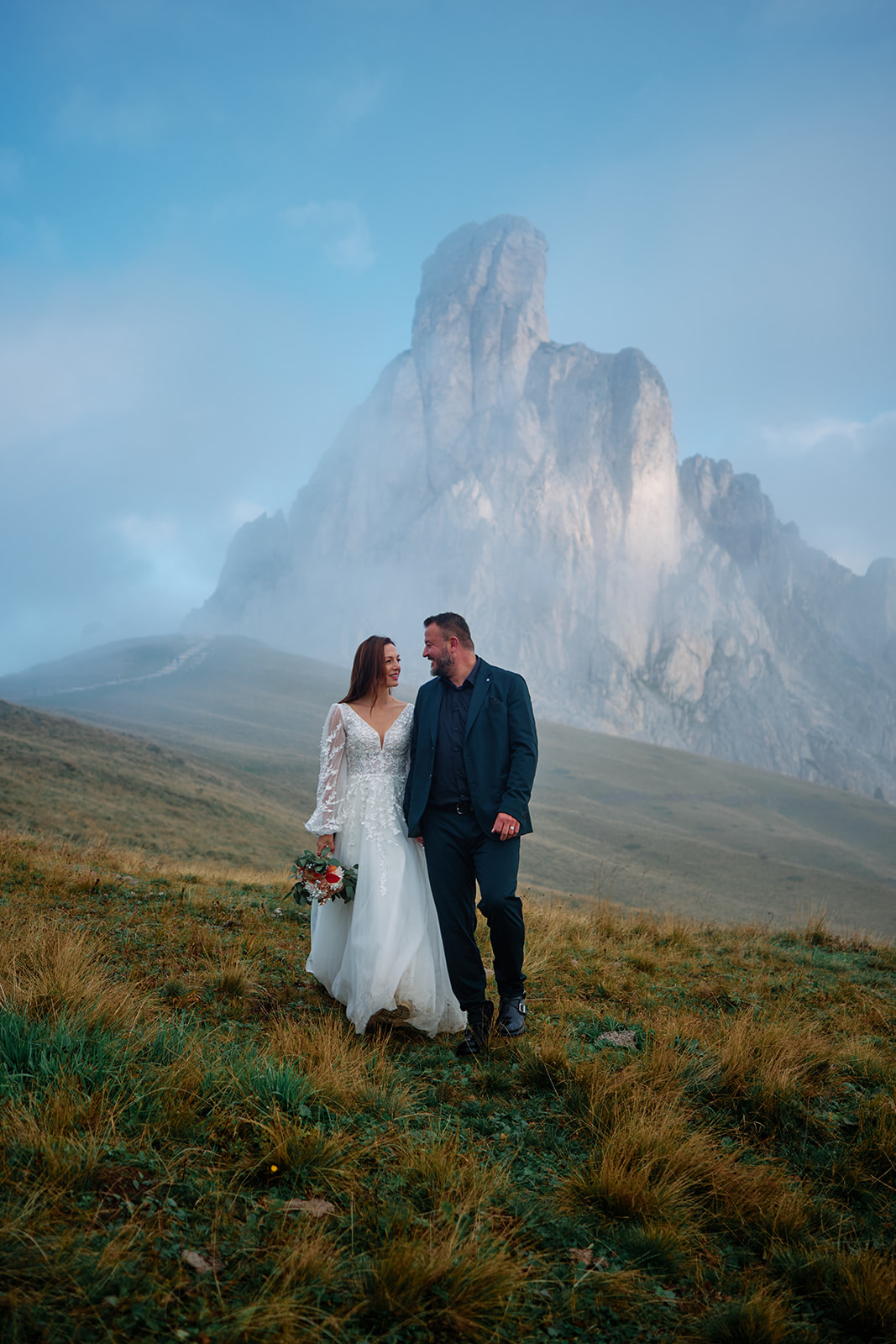 Morning mist at Passo Giau on a Dolomites wedding day