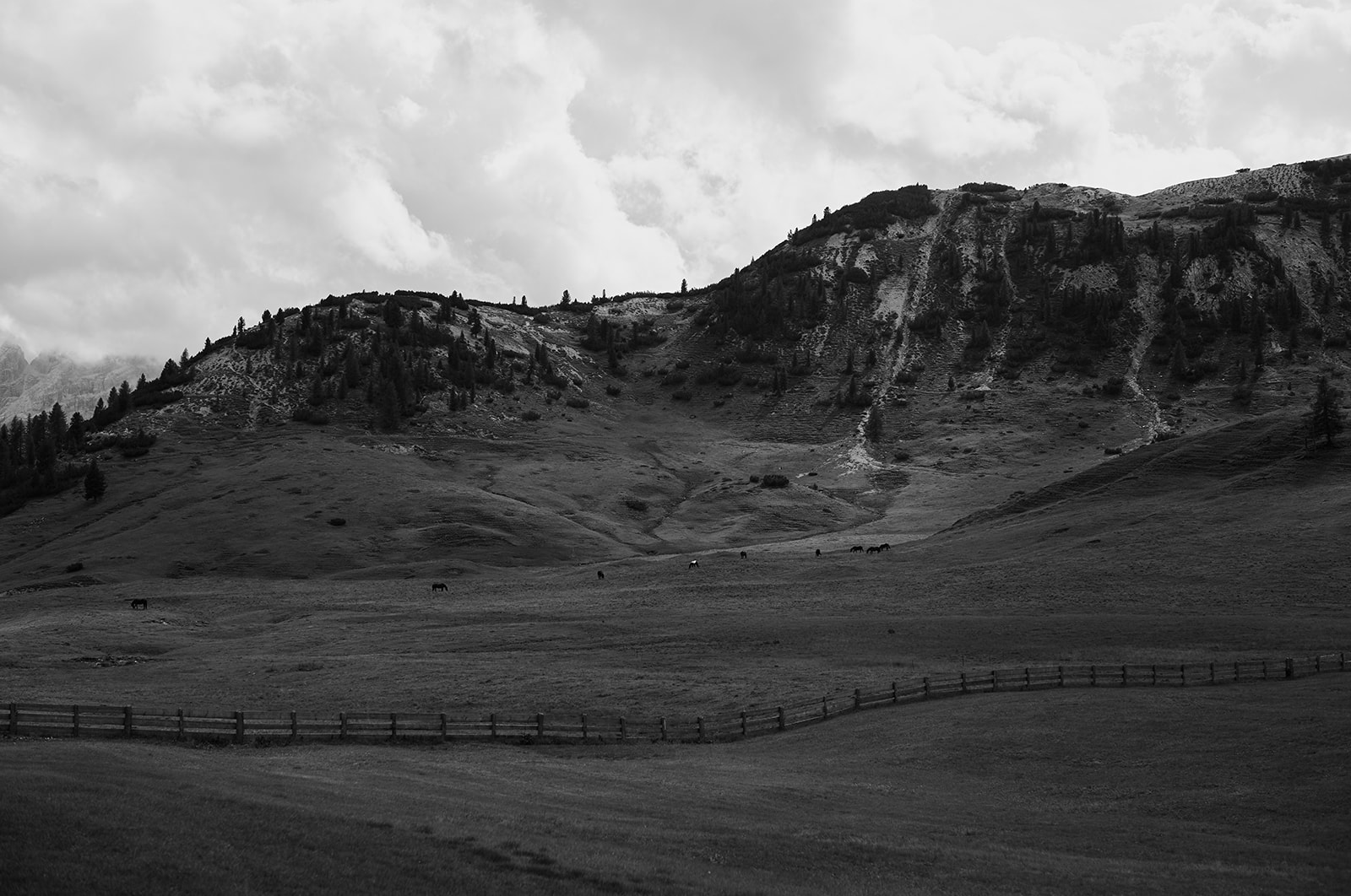 The peaks above Prato Piazza in black and white, Dolomites