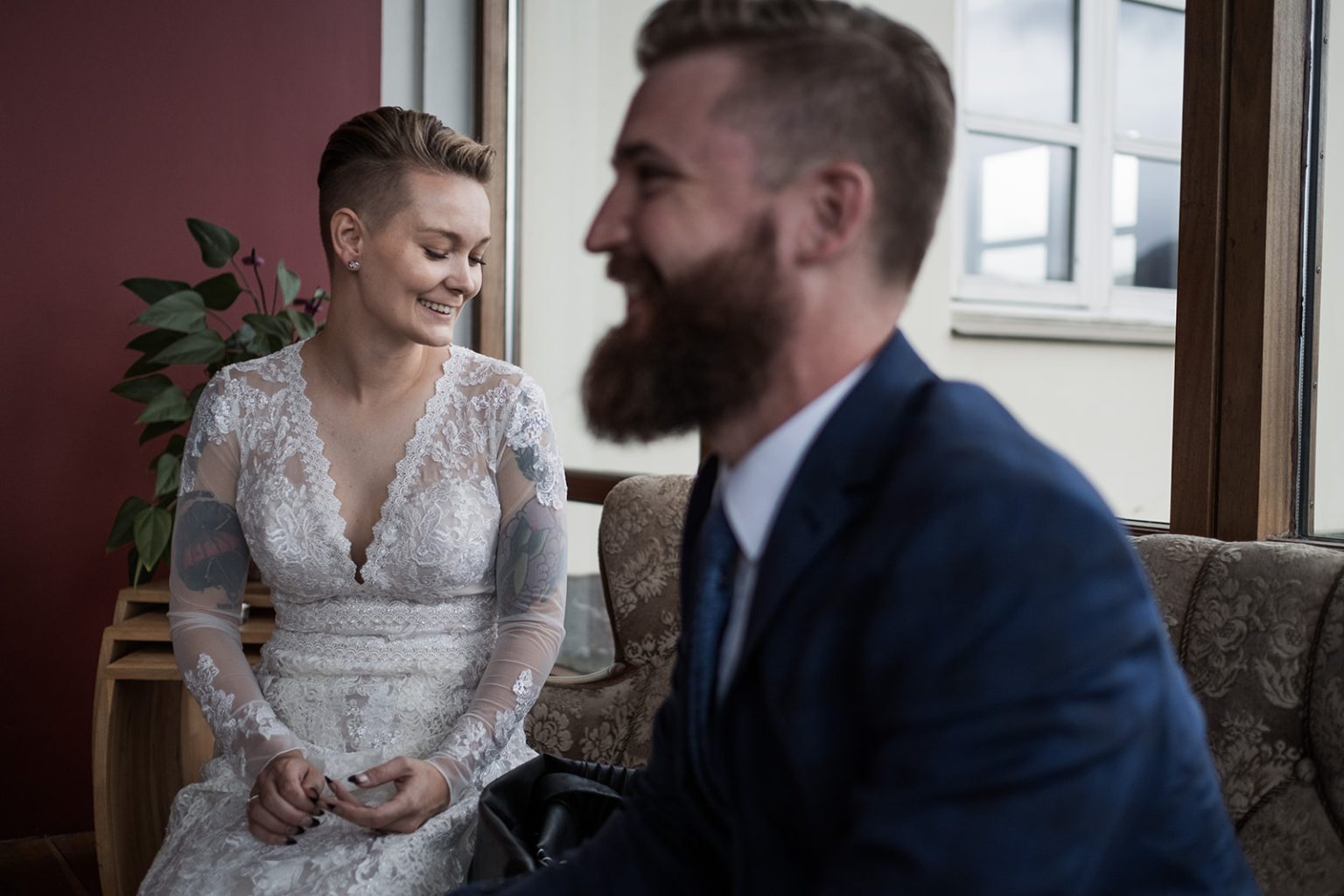 Amelia and Adam getting ready together, a Hótel Búðir wedding