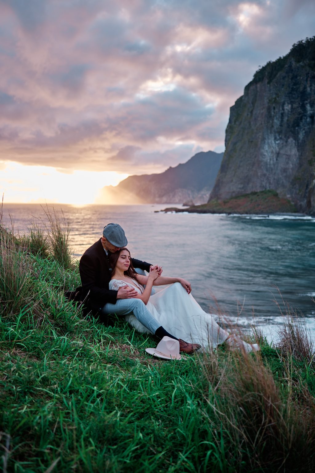Silvia and Florin at sunrise above the sea, Madeira engagement session