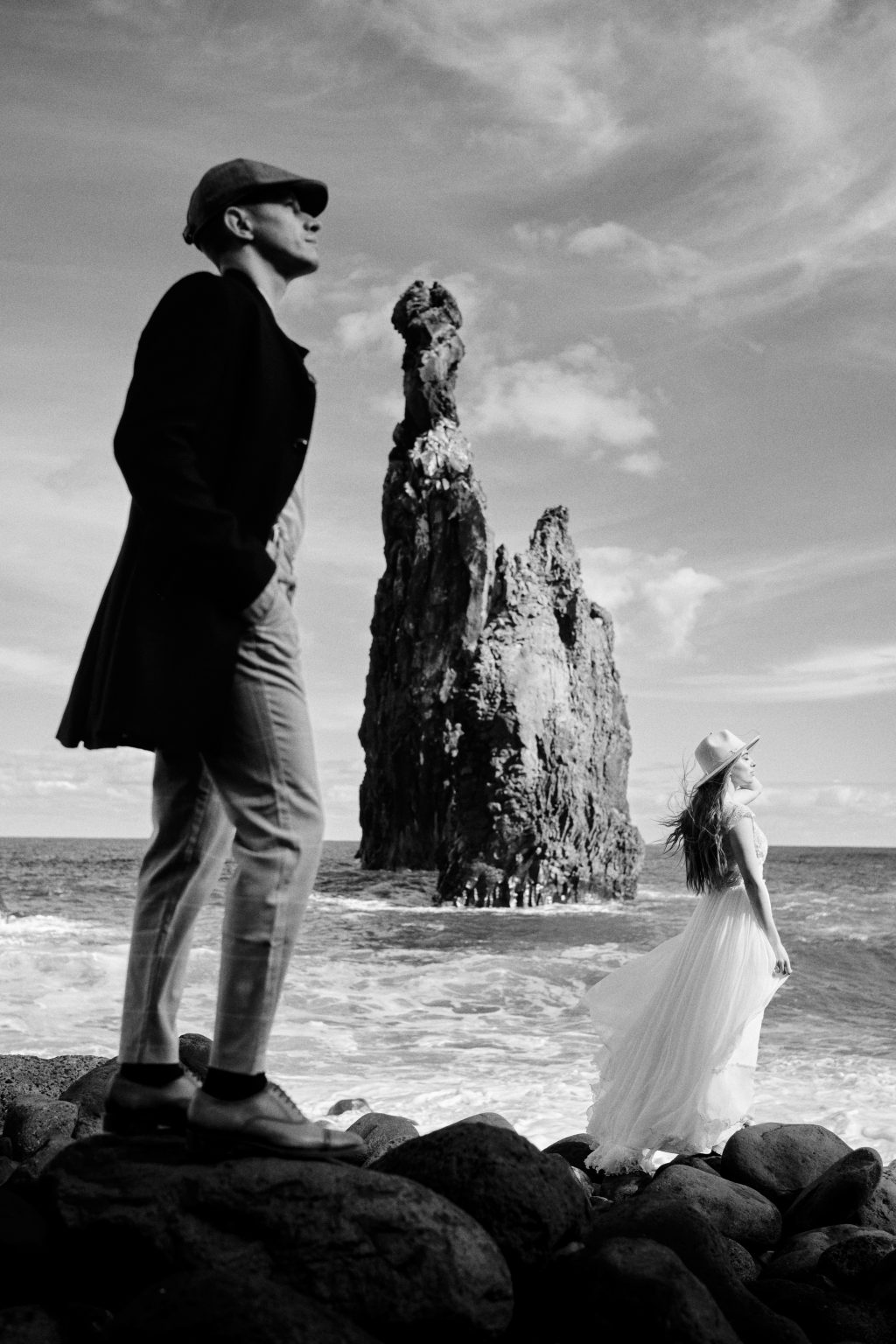 Silvia and Florin below the sea stacks at Ribeira da Janela, Madeira