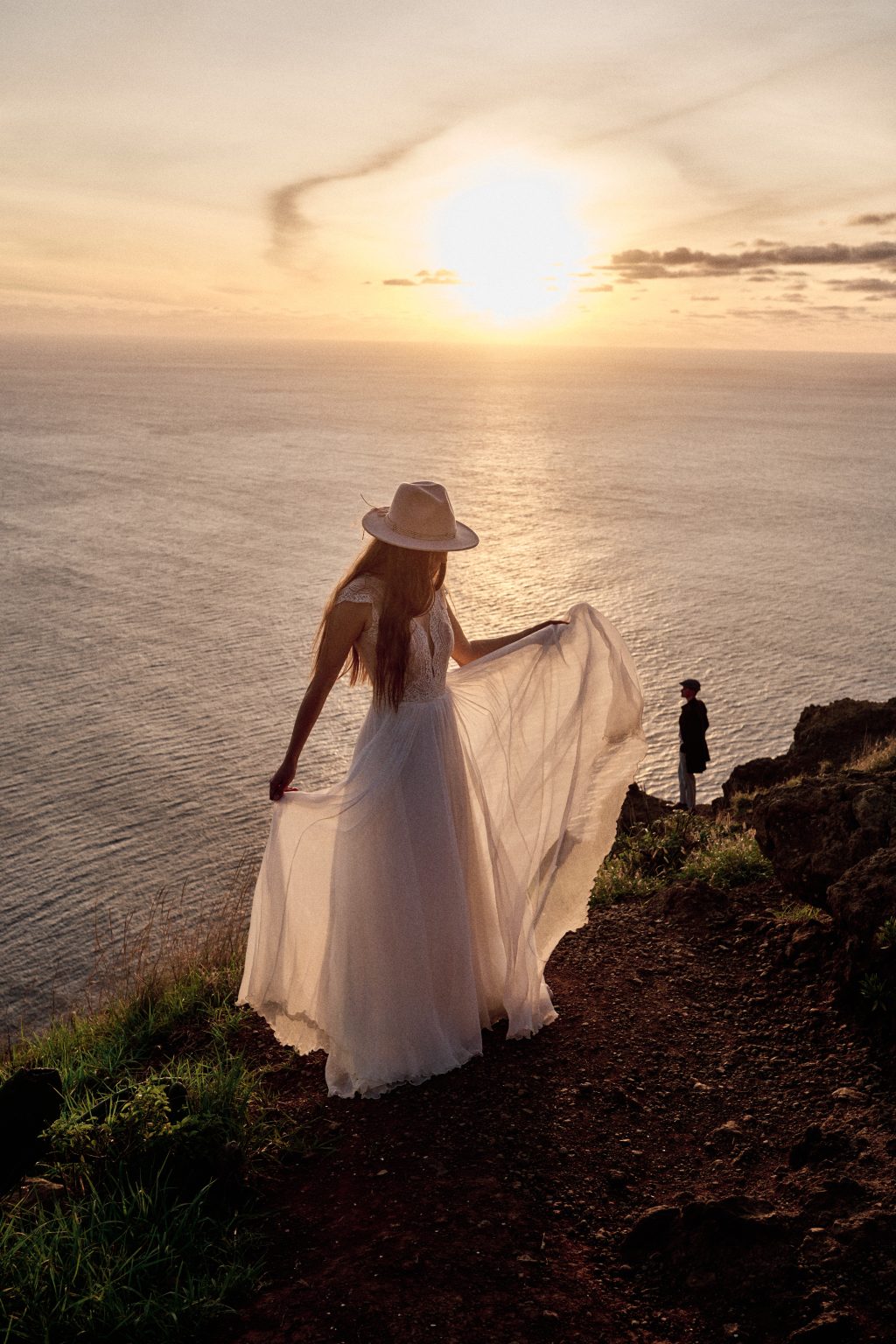 Bride on the sunset ridge at Ponta do Pargo, Madeira engagement session
