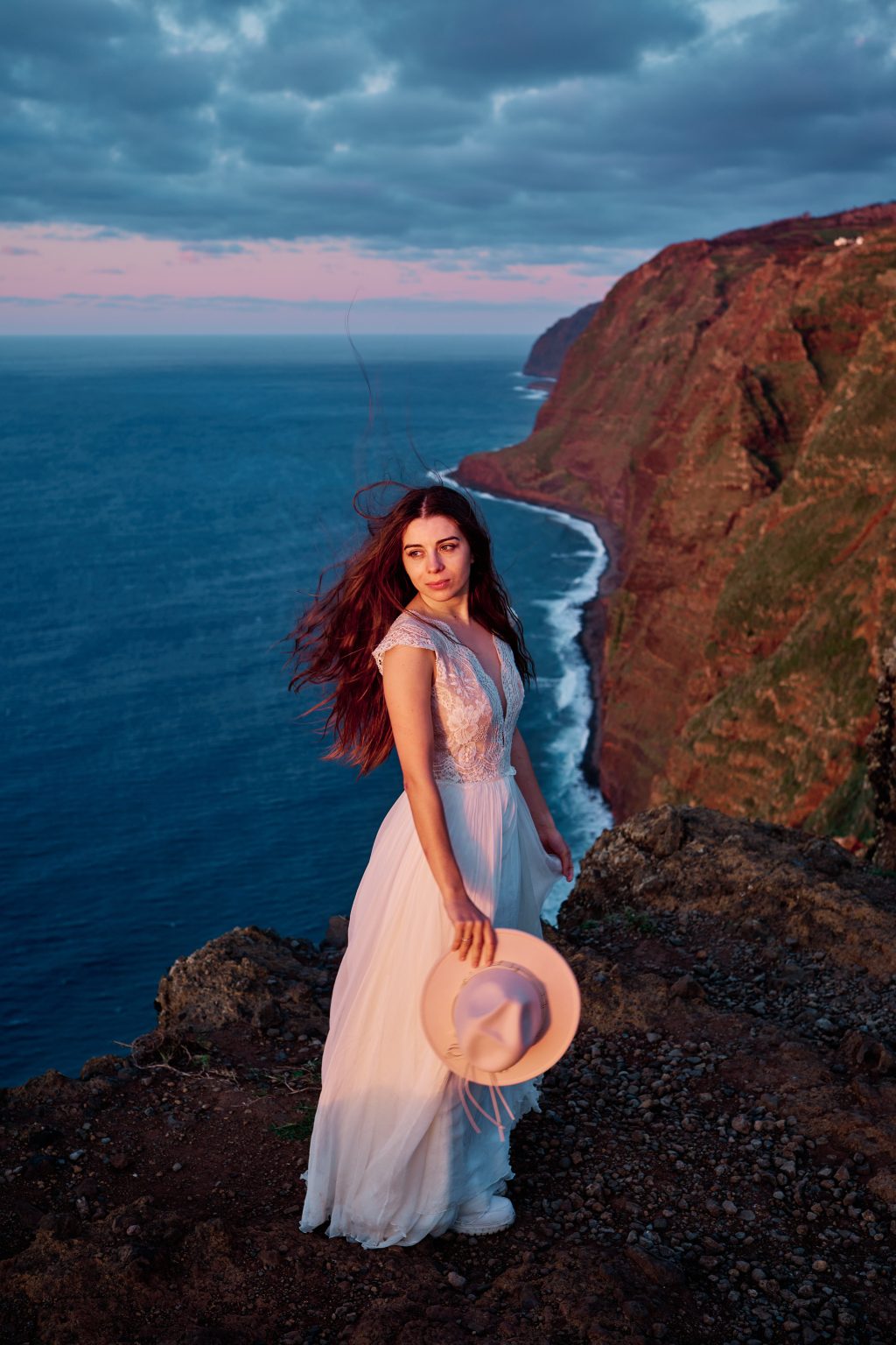 Bride above the sea at the Ponta do Pargo cliffs, Madeira