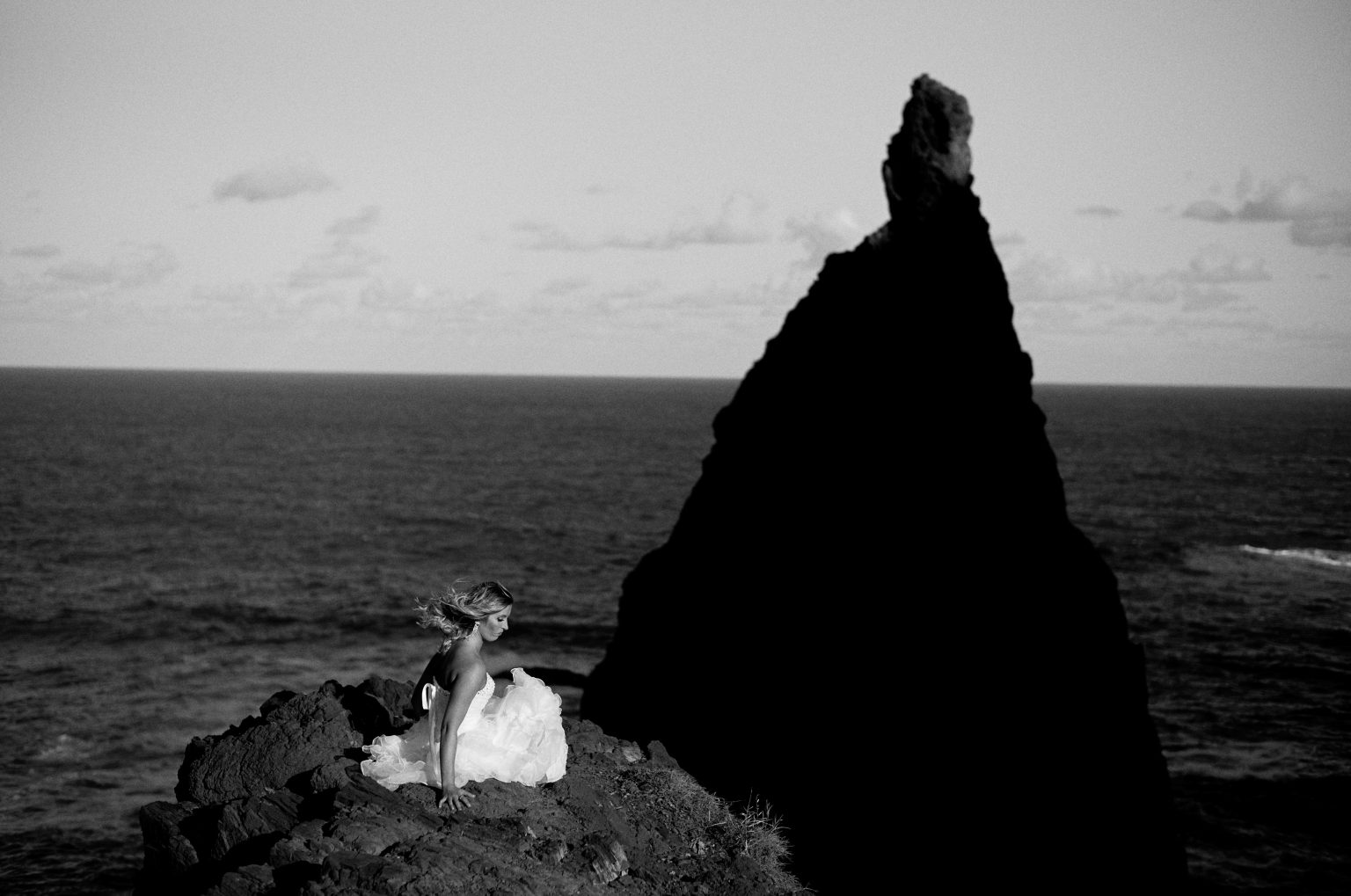 Lone sea stack off Ponta de Sao Lourenco in black and white, Madeira