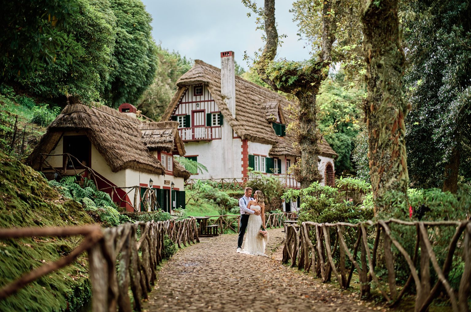 Red-roofed thatched houses in the Queimadas forest park, Madeira