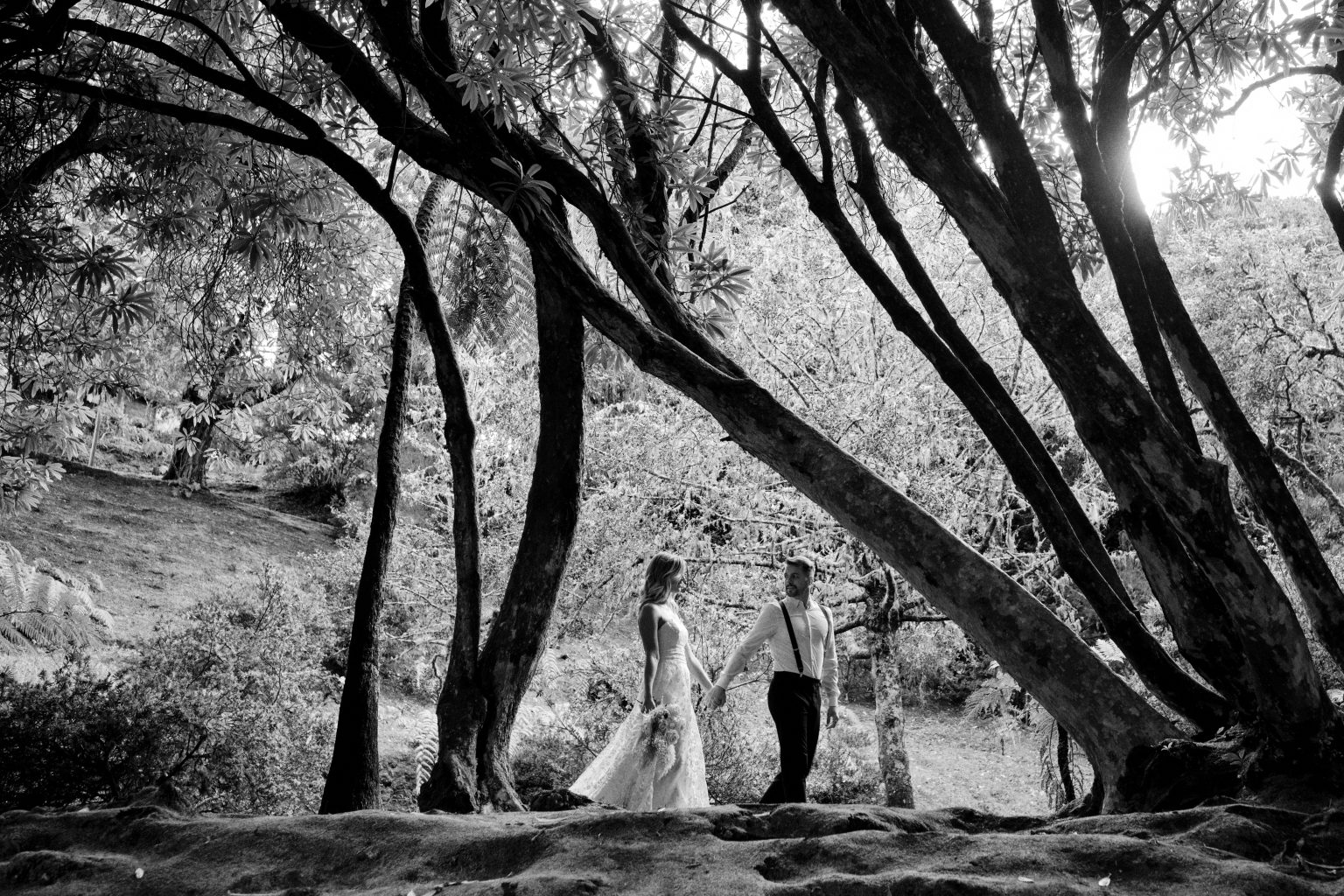 Couple small beneath the trees of the laurisilva in black and white, Madeira