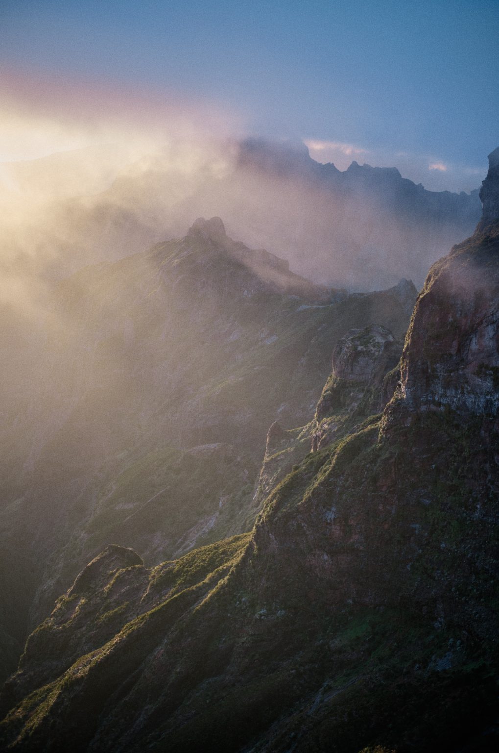 Mountain ridge lit by dramatic evening light, Pico do Arieiro, Madeira