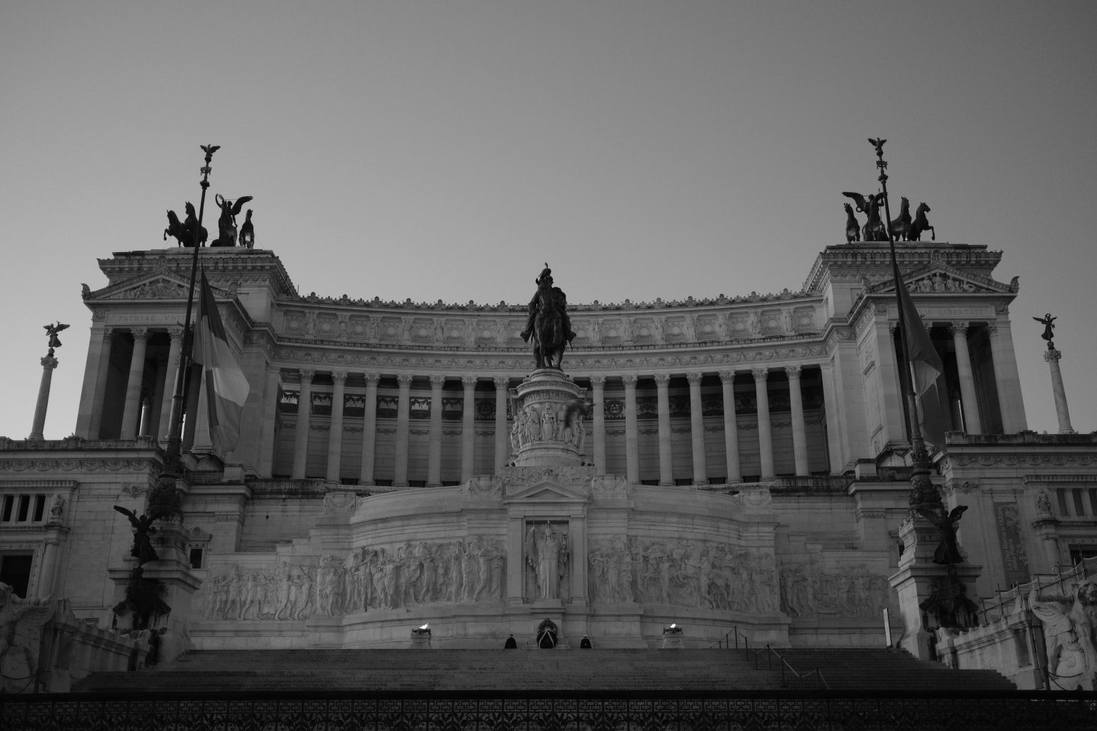 The Altare della Patria empty at dawn, Rome, in black and white