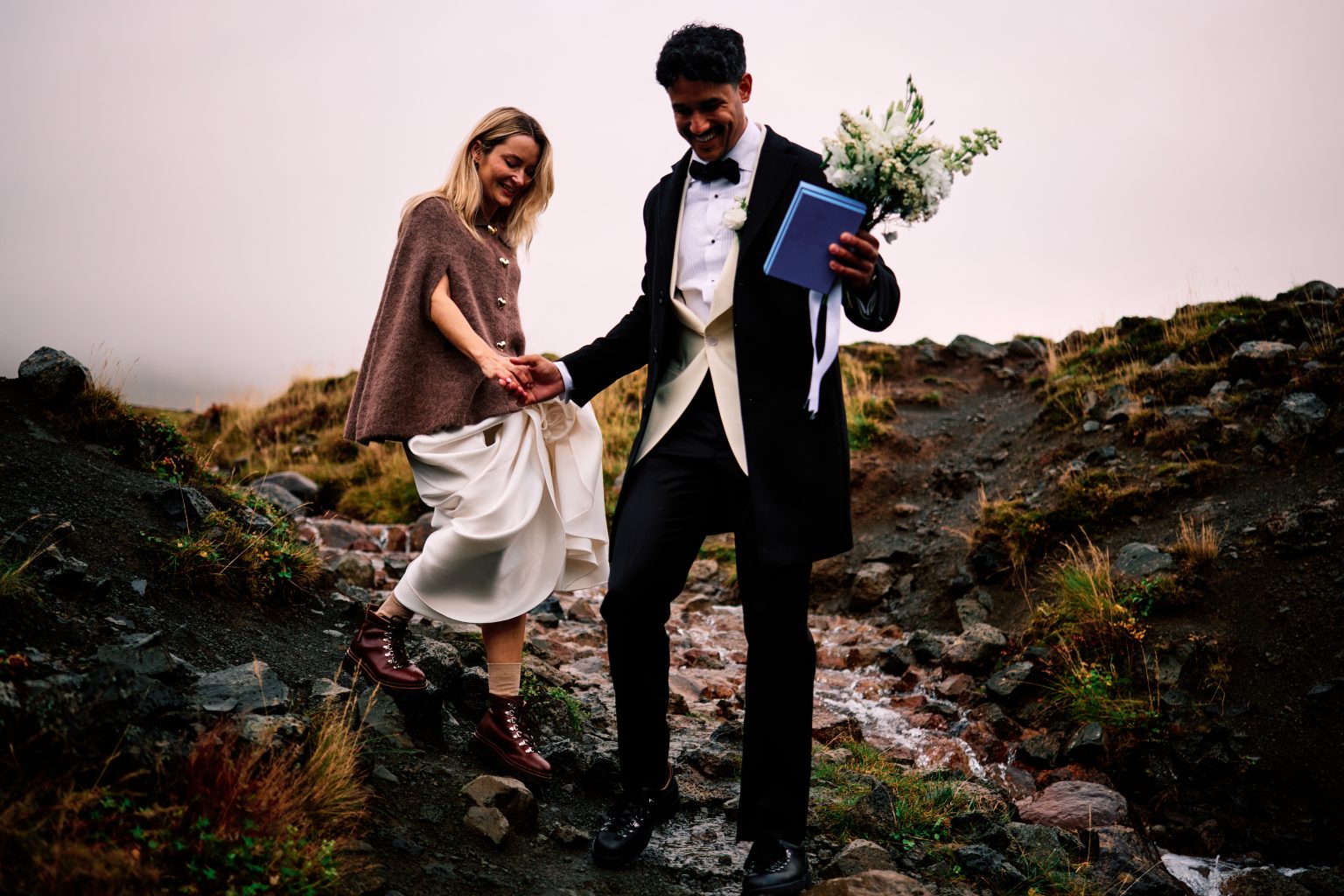 Walking hand in hand to an elopement ceremony at Þórufoss, Iceland