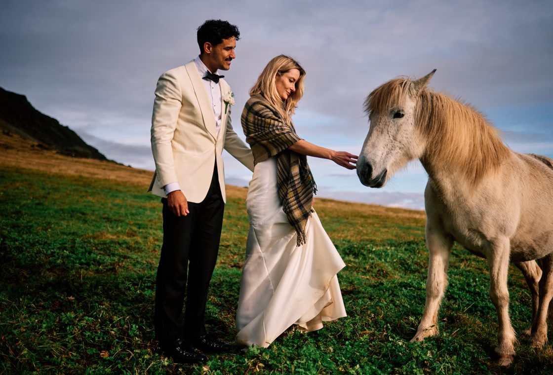An Icelandic horse with Lindsey and Daniel at Indjánahöfði during their elopement