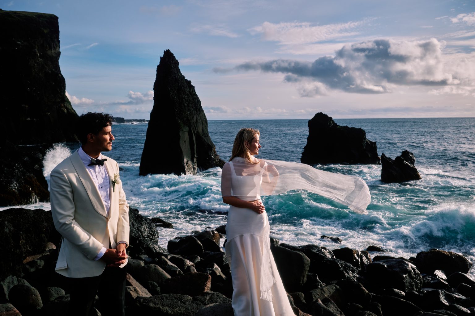 Lindsey and Daniel at the sea stacks of Valahnúkamöl
