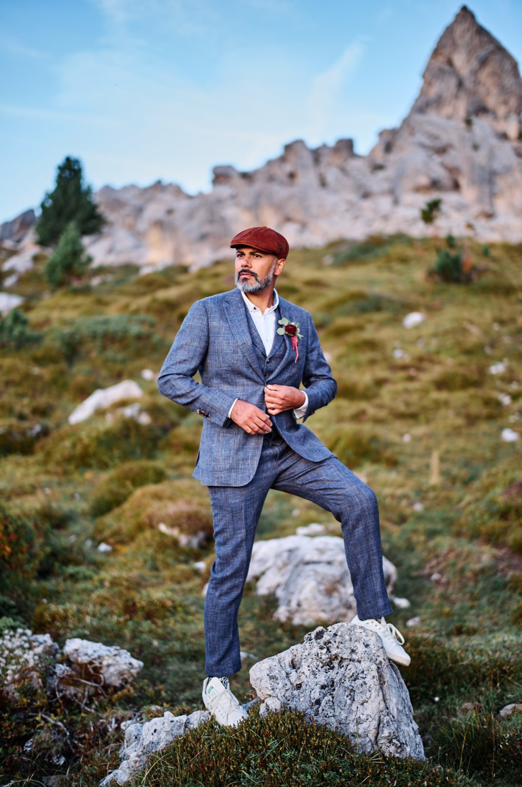 Vic in tweed at Passo Giau in the morning grey