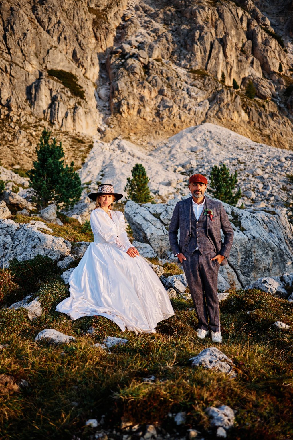 Lilly and Vic in the first warm light at Passo Giau