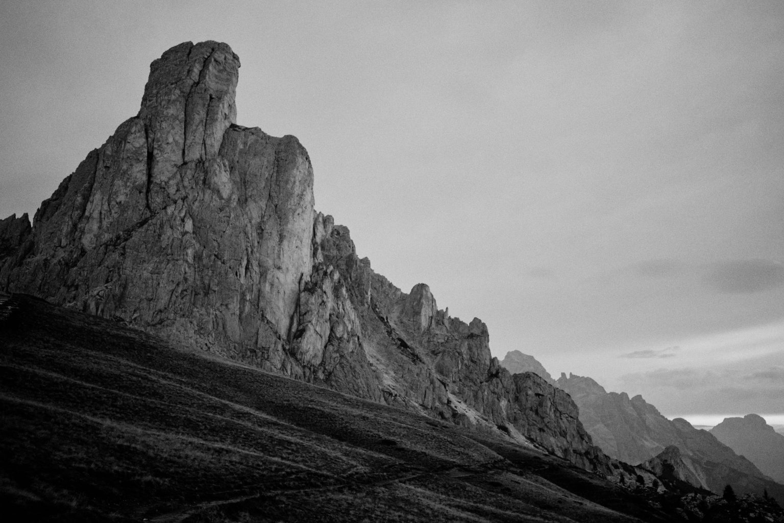 Passo Giau elopement at first light, the Ra Gusela peak still in shadow