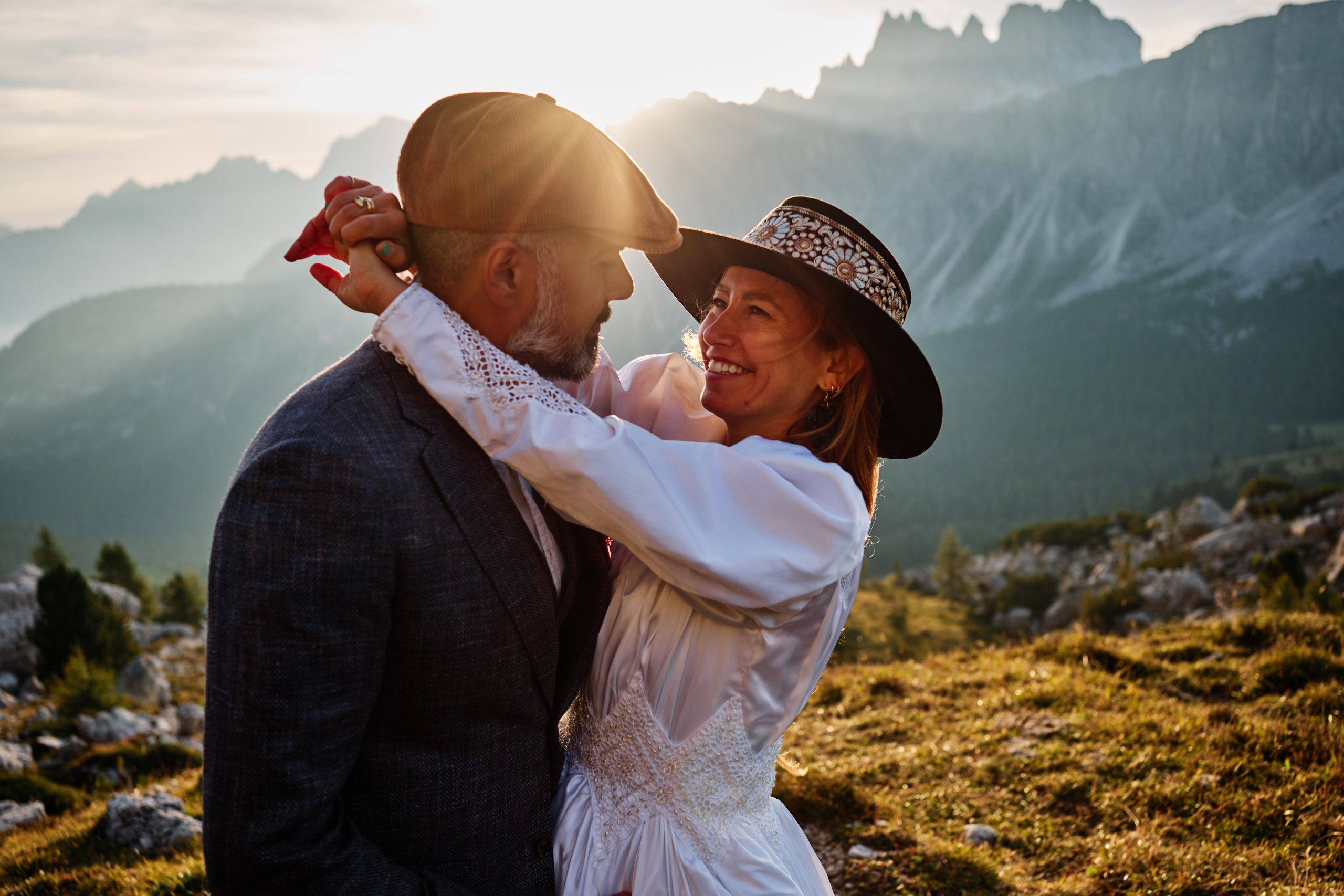 Passo Giau elopement in full sunrise, gold and mist
