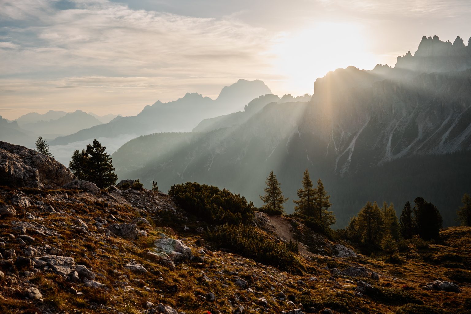 Long morning shadows across Passo Giau