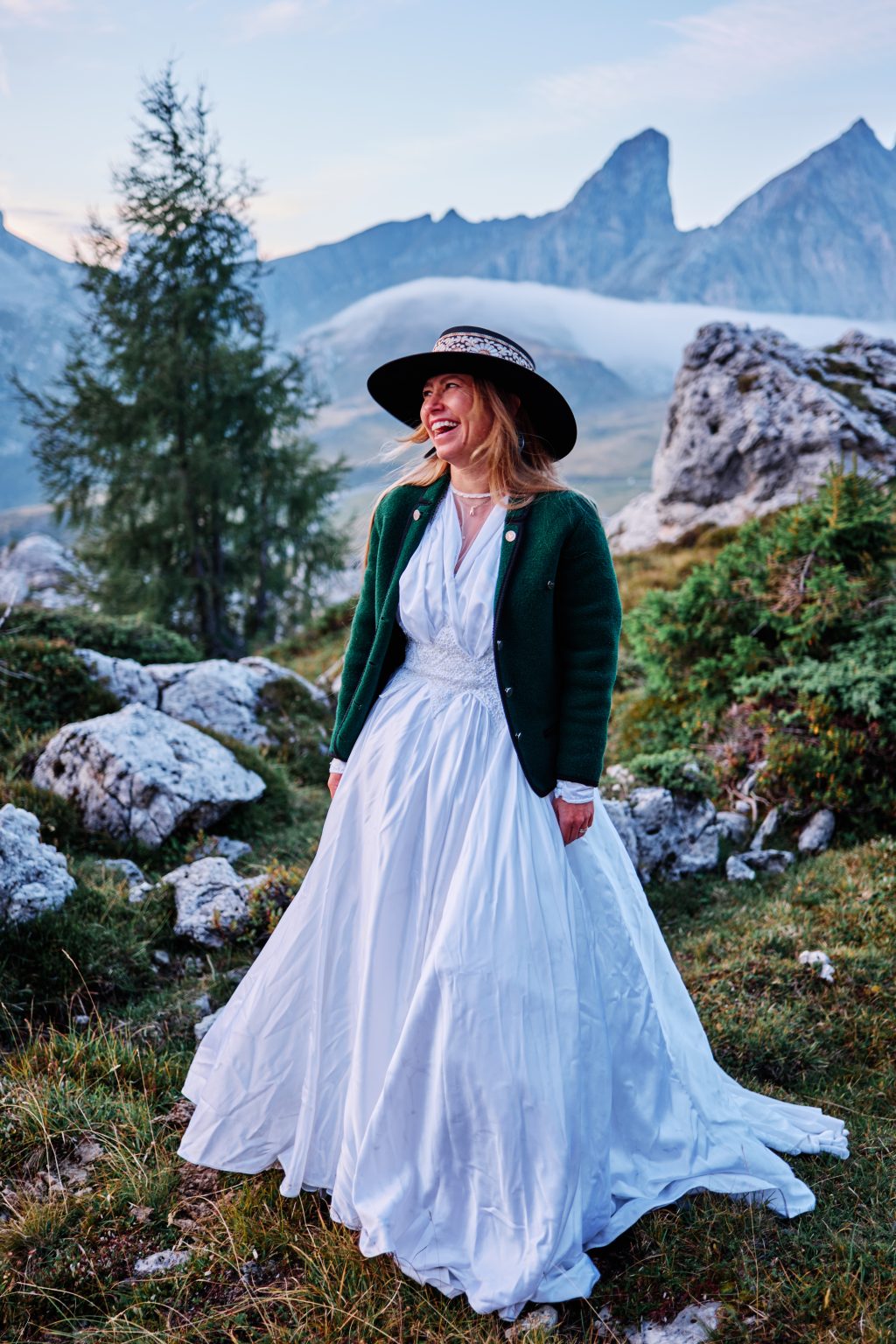 Portrait of Lilly at Passo Giau, vintage styling against the mountains