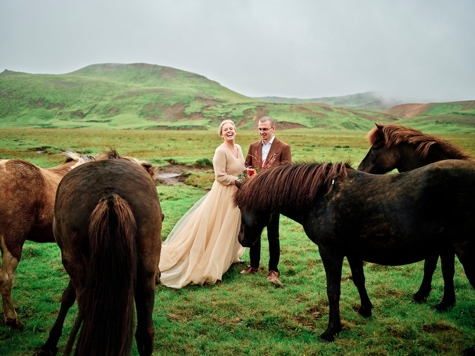 Kim and Daniel with Icelandic horses, Reykjanes, Iceland