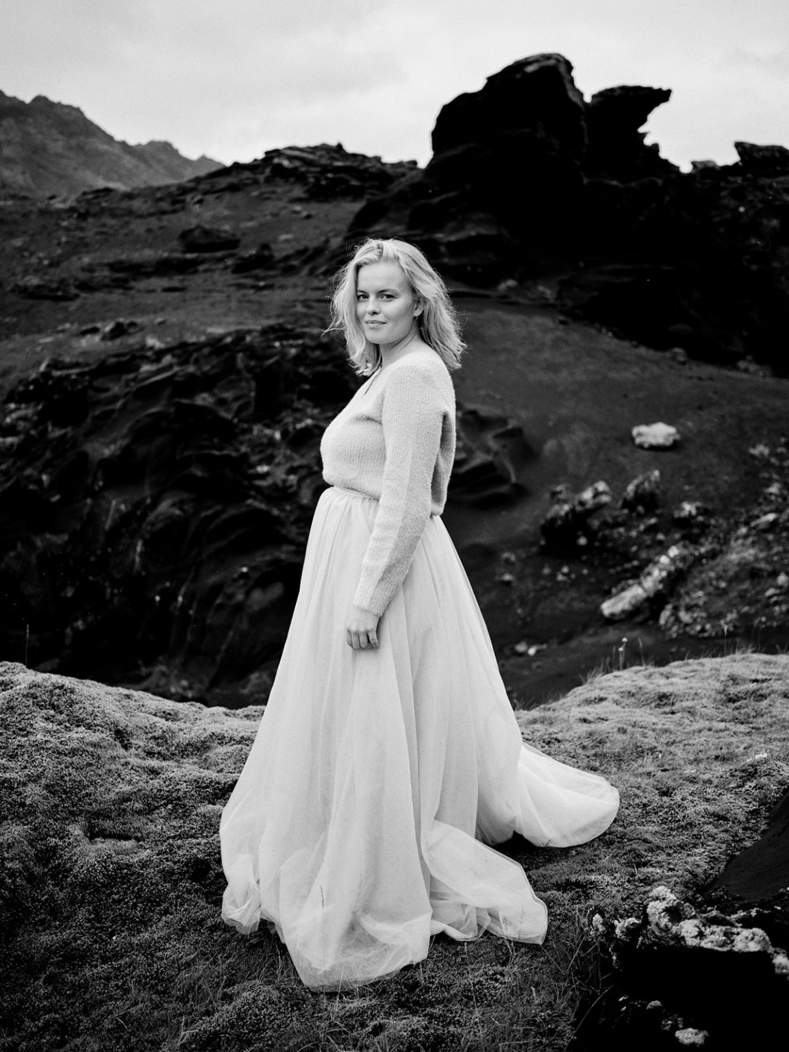 An elegant portrait on the black lava, Reykjanes, Iceland