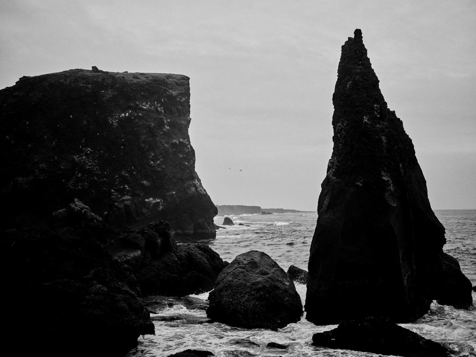 Kim and Daniel on the black shore below the stacks, Reykjanes