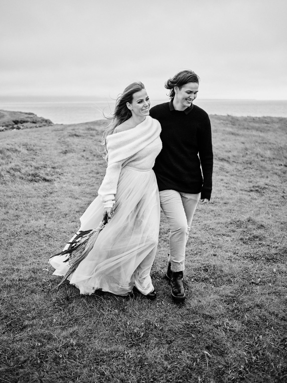 Klara Jenný and Siddy walking the moody coast, a Snæfellsnes elopement