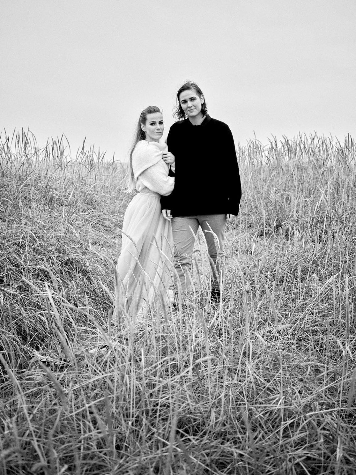 A close black-and-white portrait of the couple, Snæfellsnes, Iceland