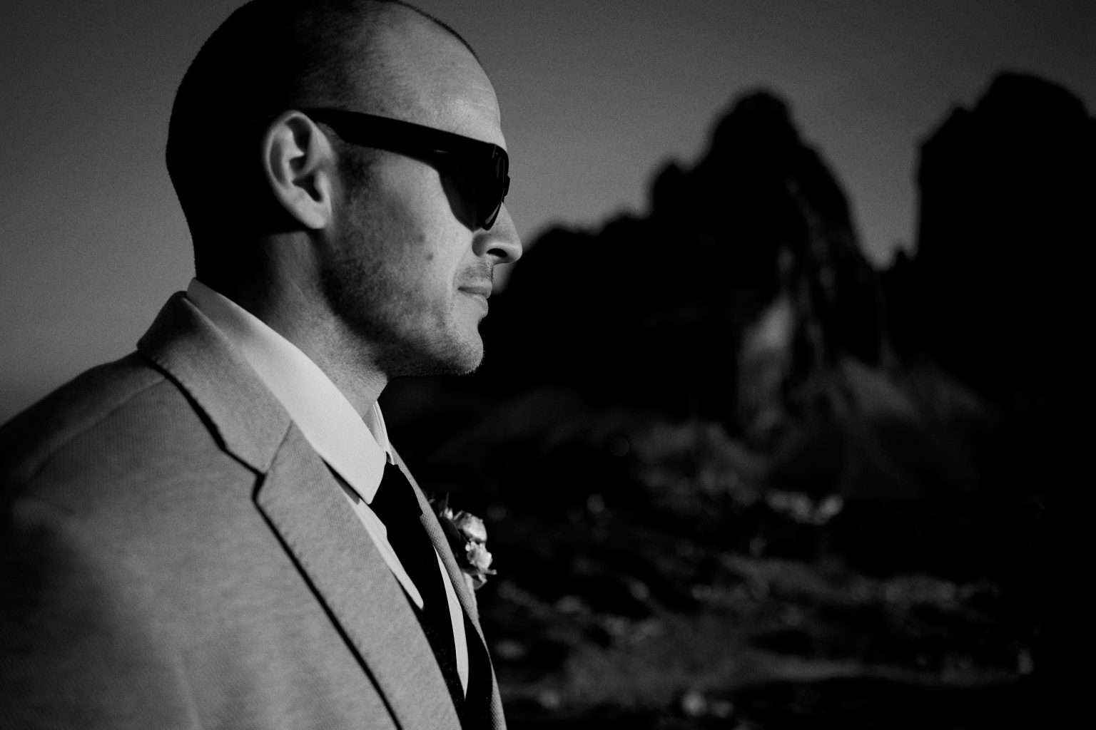 Jack in the morning light below the peaks, Tre Cime di Lavaredo, black and white