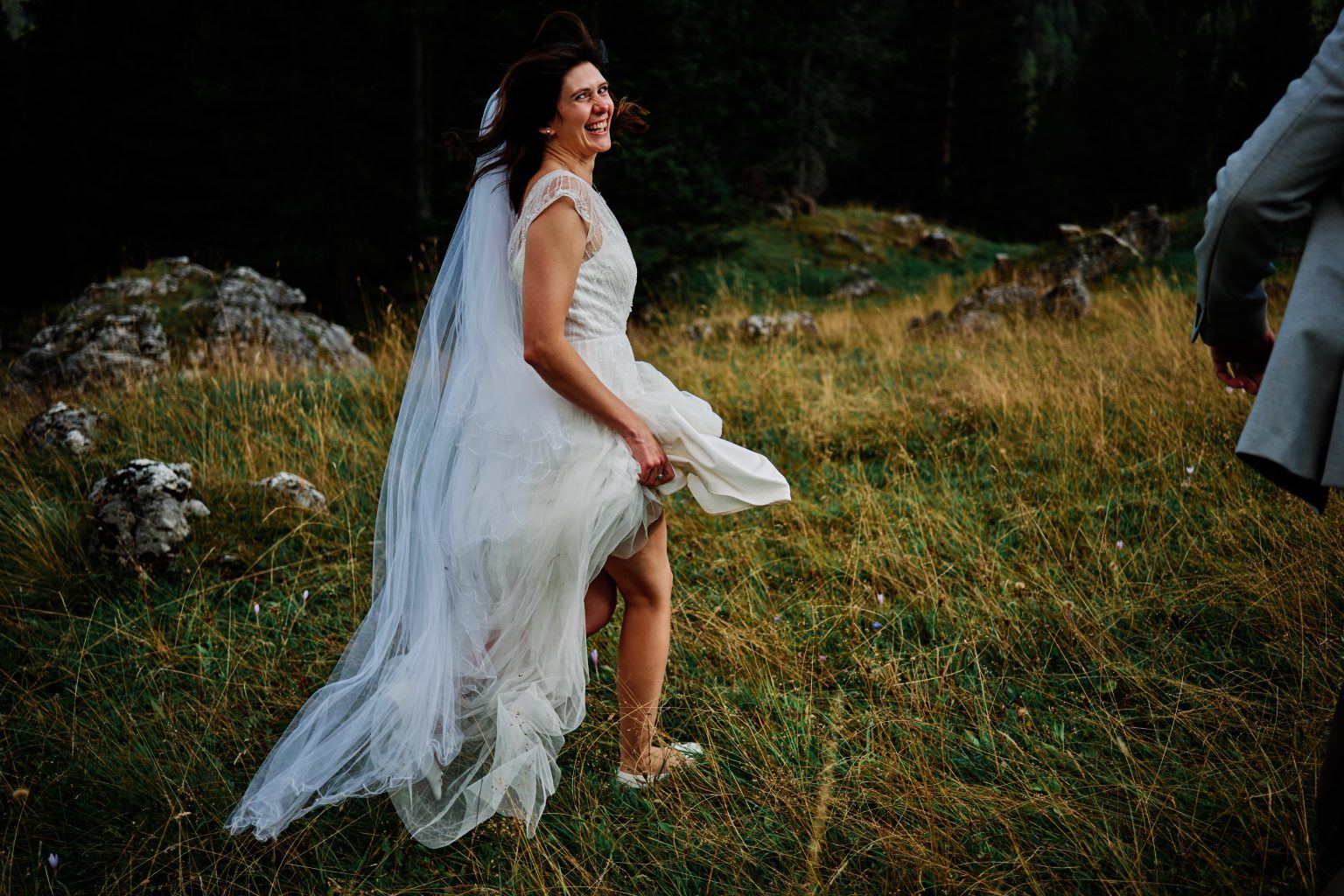 Lottie in her dress above the Dolomites, Tre Cime elopement
