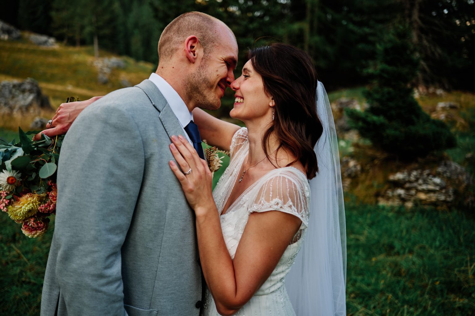 Lottie and Jack in the green mountains, Dolomites elopement