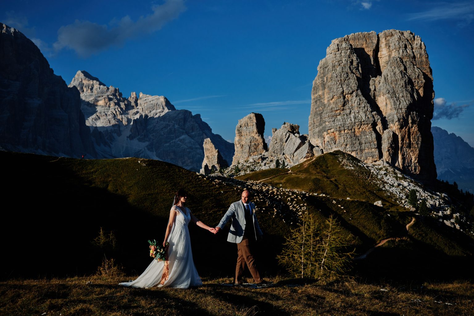 Lottie and Jack at the Cinque Torri, Dolomites elopement